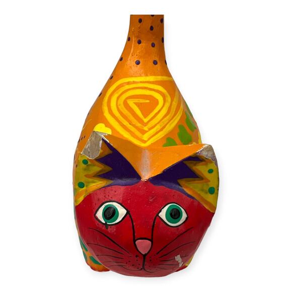 Vintage Handmade Carved Wooden Bali Cat Figurine Hand Painted Rustic Folk Art 6" - Picture 4 of 7